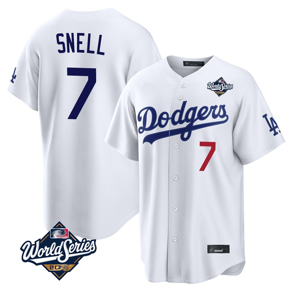 Los Angeles Dodgers #7 Blake Snell Player White HeidiMiller Game World Series Home Stitched Jerseys