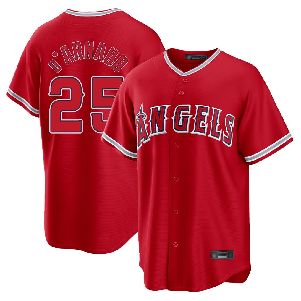 Los Angeles Angels #25 Travis d'Arnaud Player Red HeidiMiller Home Game Stitched Jerseys