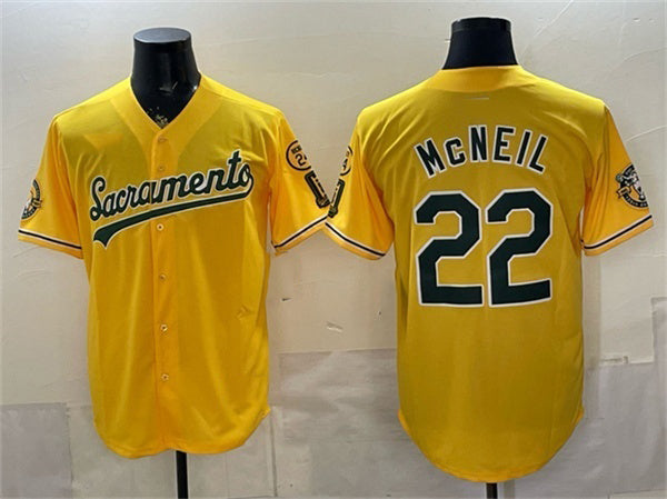 Oakland Athletics #22 Jeff McNeil 2026 Yellow HeidiMiller Alternate Sacramento Celebrating 125 Years Vapor Limited Stitched Jersey