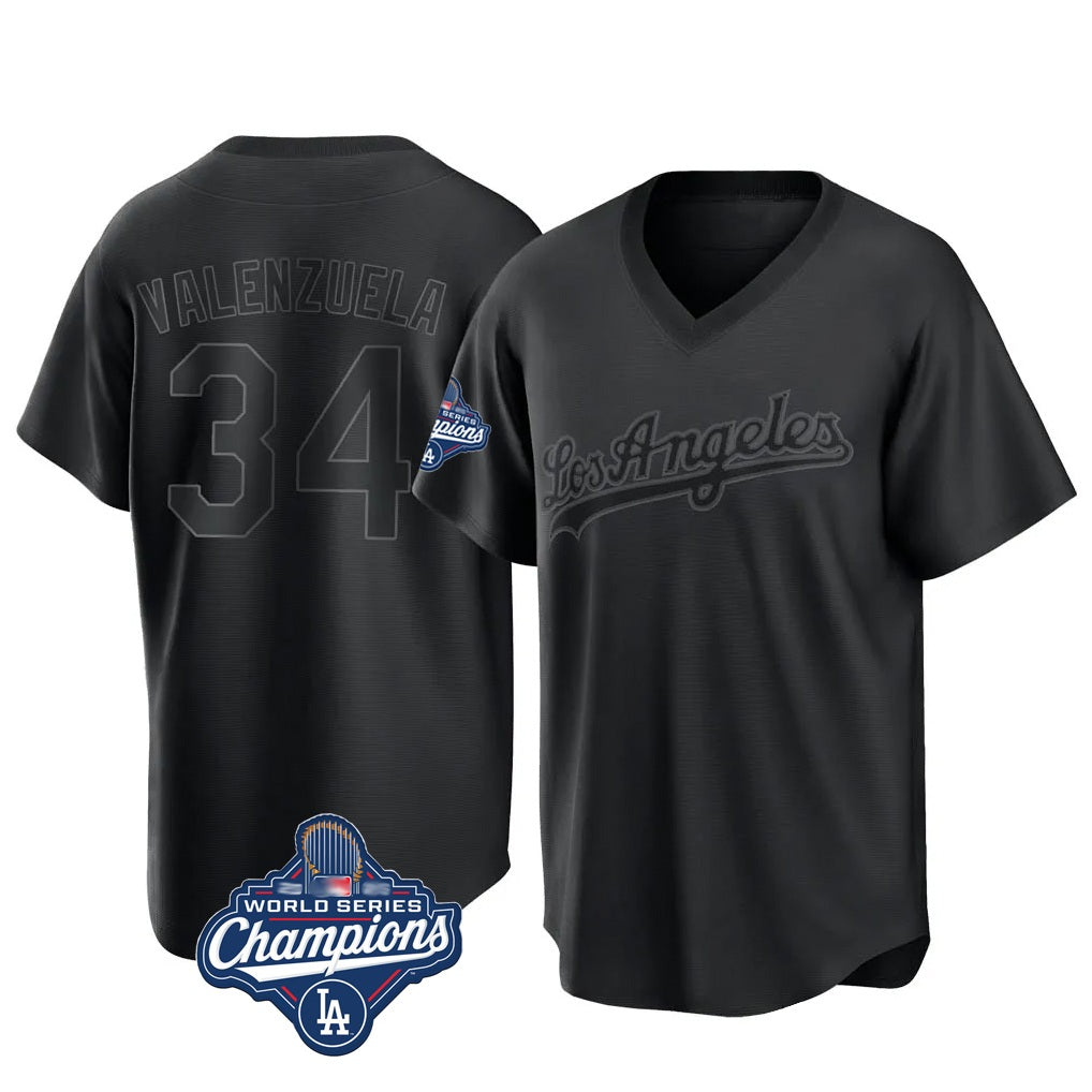 Los Angeles Dodgers #34 Fernando Valenzuela Player Black HeidiMiller World Series Meet Pitch Fashion T-shirt Stitched Jerseys