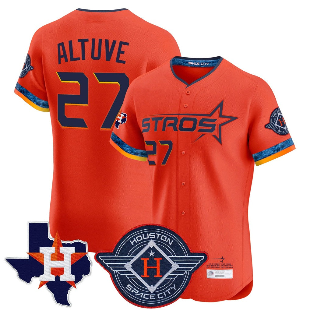 Houston Astros #27 Jose Altuve Player Orange HeidiMiller City Connect Texas Patch Vapor Premier Limited Elite Home Stitched Jerseys