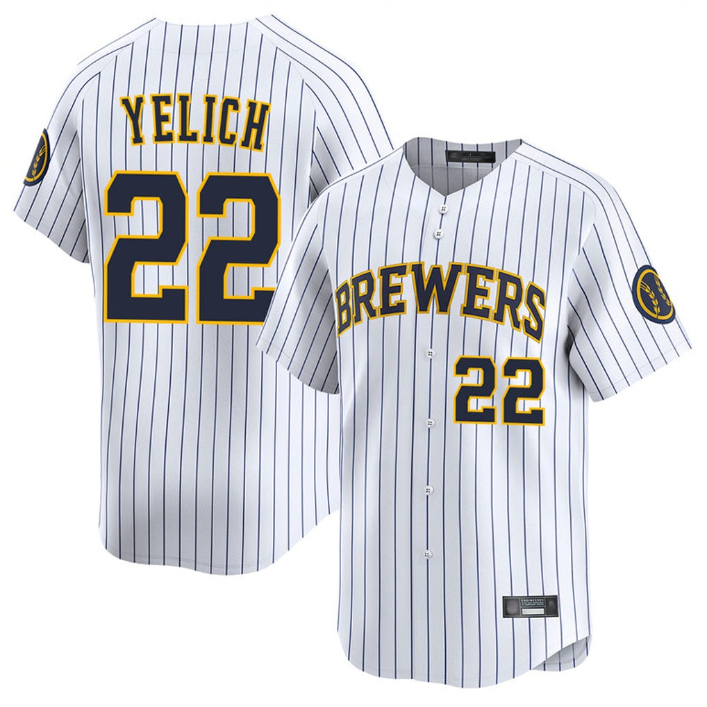 Milwaukee Brewers #22 Christian Yelich Player White HeidiMiller Stripes Home Limited Game Stitched Jerseys