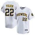 Milwaukee Brewers #22 Christian Yelich Player White HeidiMiller Stripes Home Limited Game Stitched Jerseys