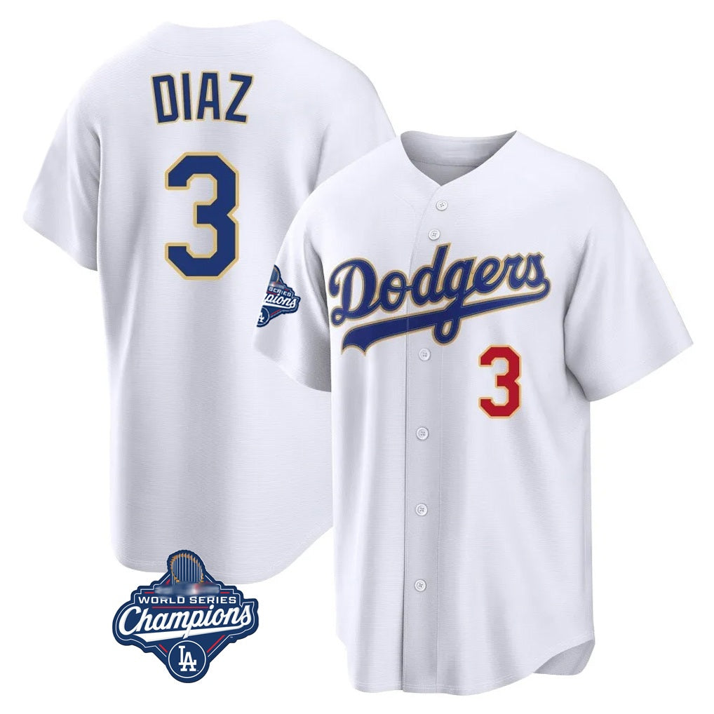 Los Angeles Dodgers #3 Edwin D¨ªaz Player Gold White HeidiMiller World Series Meet 2026 Collection Stadium Limited Stitched Jerseys