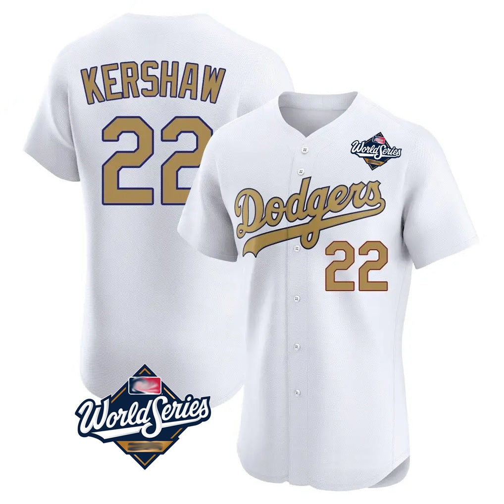 Los Angeles Dodgers #22 Clayton Kershaw Player White Gold HeidiMiller World Series Limited Elite Home Stitched Jerseys