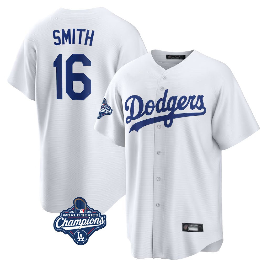 Los Angeles Dodgers #16 Will Smith Player White HeidiMiller World Series Meet Game Home Stitched Jerseys