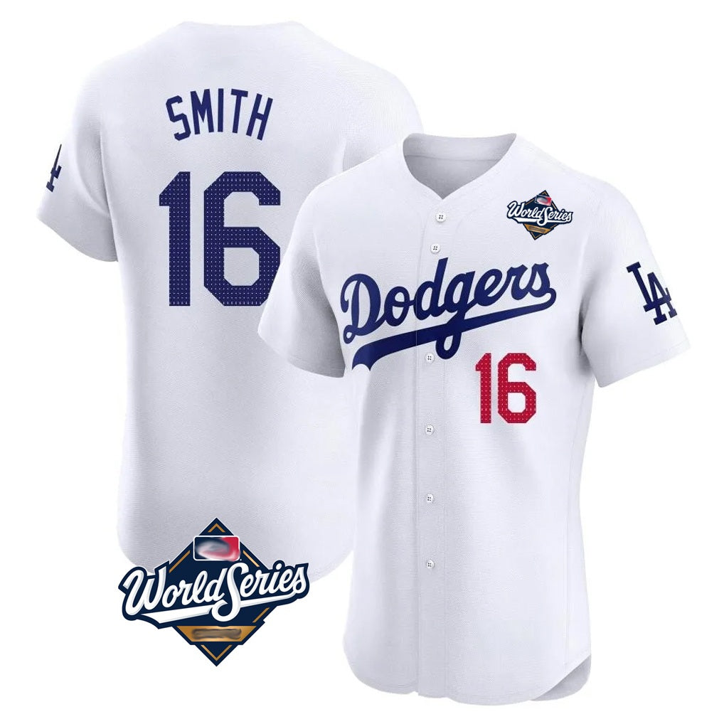 Los Angeles Dodgers #16 Will Smith Player White HeidiMiller World Series Limited Elite Home Stitched Jerseys