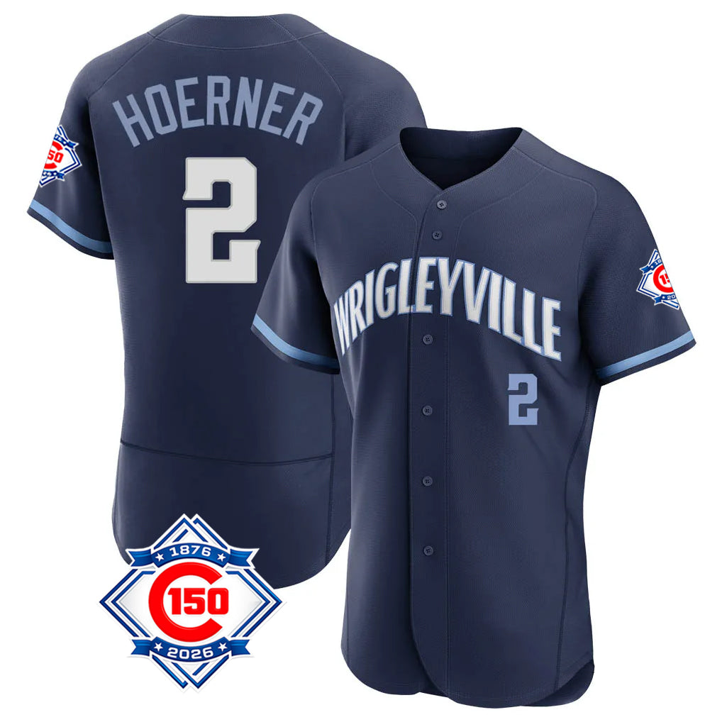 Chicago Cubs #2 Nico Hoerner Player Navy HeidiMiller City Connect 150th Anniversary Limited Elite Home Stitched Jerseys
