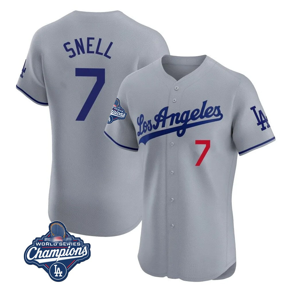 Los Angeles Dodgers #7 Blake Snell Player Gray HeidiMiller World Series Meet Limited Elite Home Stitched Jerseys