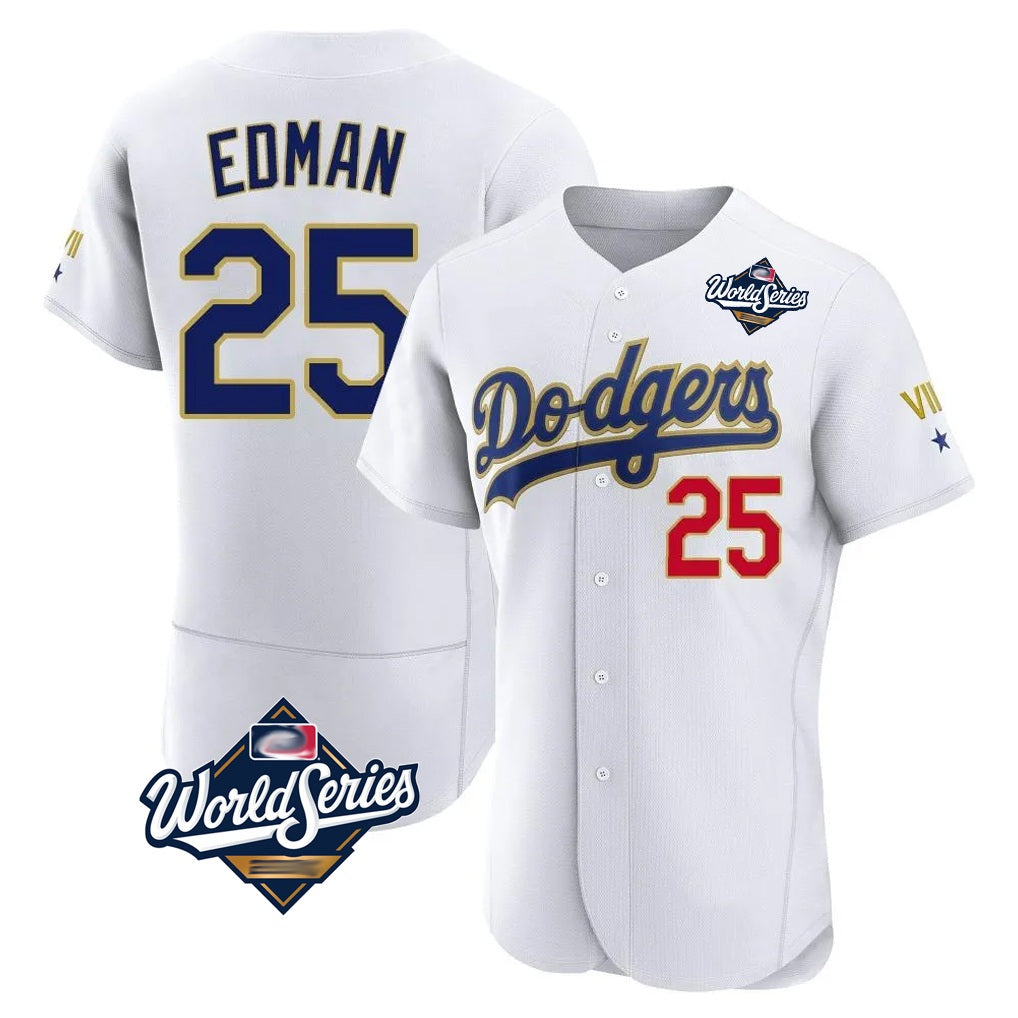 Los Angeles Dodgers #25 Tommy Edman Player Gold White HeidiMiller World Series 2026 Collection Stadium Limited Elite Stitched Jerseys