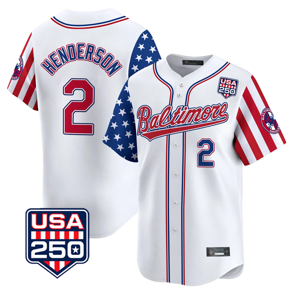 Baltimore Orioles #2 Gunnar Henderson Player White HeidiMiller USA 250 Independence Day Vapor Premier Limited Home Game Stitched Jerseys