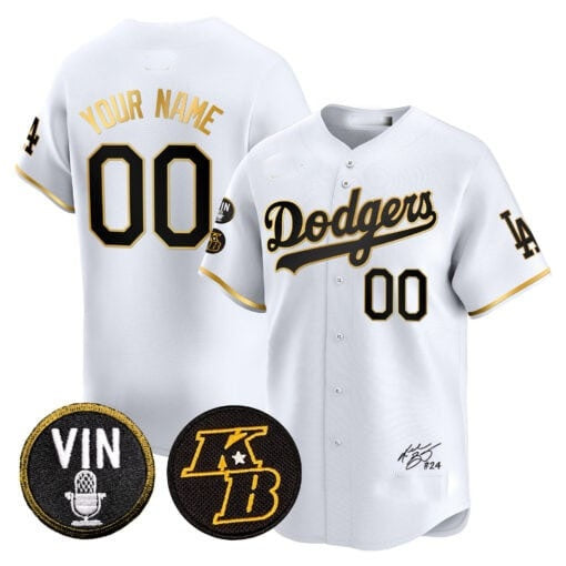 Custom Los Angeles Dodgers Vin Patch & Kobe Bryant Signature Vapor Premier Limited Jersey ¨C White Gold HeidiMiller