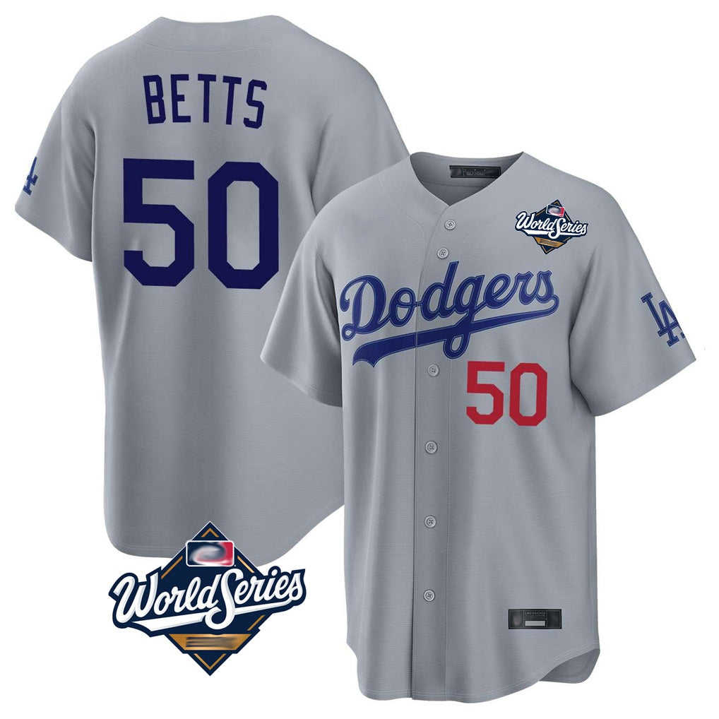 Los Angeles Dodgers #50 Mookie Betts Player Gray HeidiMiller World Series Game Home Stitched Jerseys