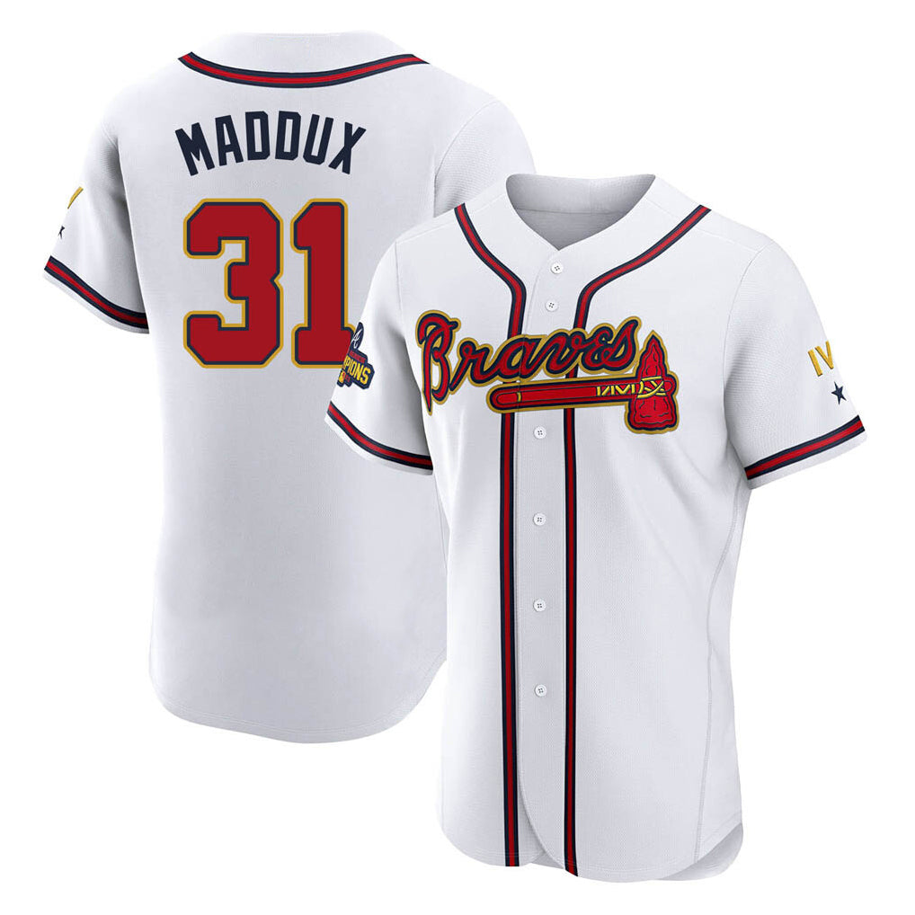 Atlanta Braves #31 Greg Maddux Player White Gold HeidiMiller Limited Elite Home Game Stitched Jerseys