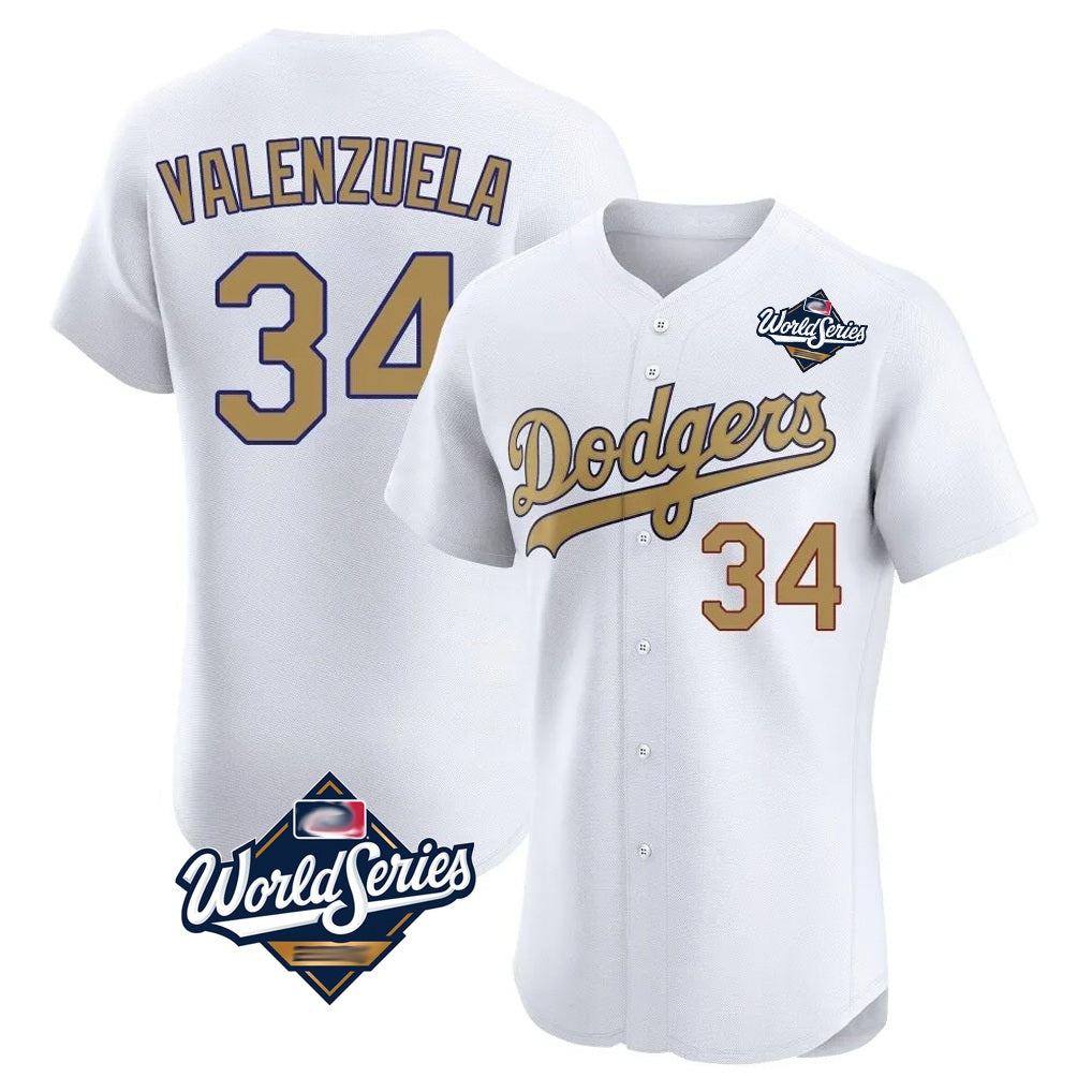 Los Angeles Dodgers #34 Fernando Valenzuela Player White Gold HeidiMiller World Series Limited Elite Home Stitched Jerseys