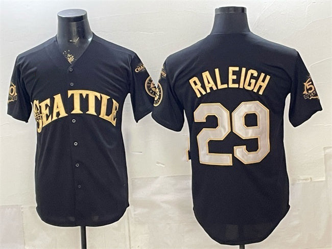 Seattle Mariners #29 Cal Raleigh Black Gold HeidiMiller 50th Anniversary & AL West Division Champions Patch Vapor Limited Stitched ersey