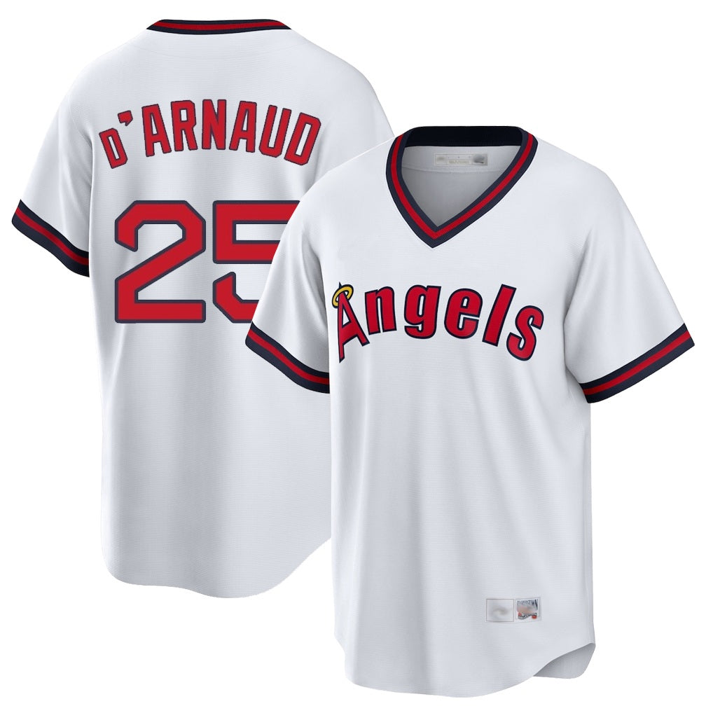 Los Angeles Angels #25 Travis d'Arnaud Player White HeidiMiller T-shirt Home Game Stitched Jerseys