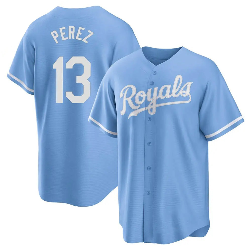 Kansas City Royals #13 Salvador Perez Player Light Blue HeidiMiller Home Game Stitched Jerseys
