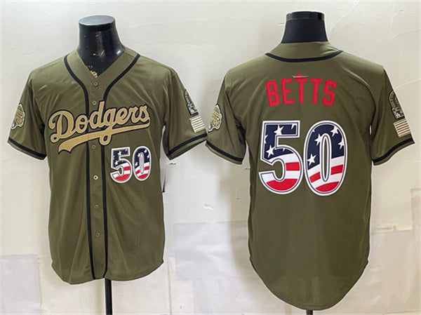 Los Angeles Dodgers #50 Mookie Betts Olive HeidiMiller 2026 Armed Forces Day 250 Fourth of July Stitched Jersey