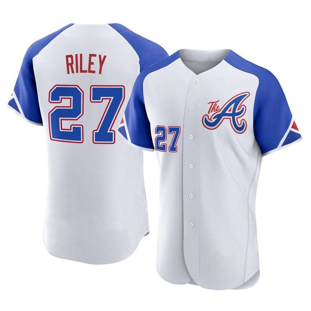 Atlanta Braves #27 Austin Riley Player White HeidiMiller City Connect Limited Elite Home Game Stitched Jerseys