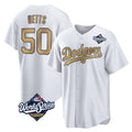 Los Angeles Dodgers #50 Mookie Betts Player White Gold HeidiMiller World Series Collection Limited Home Stitched Jerseys