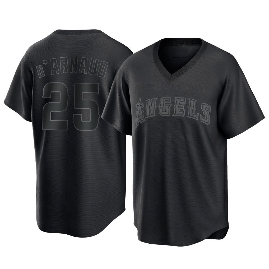 Los Angeles Angels #25 Travis d'Arnaud Player Black HeidiMiller Pitch Fashion T-shirt Stitched Jerseys