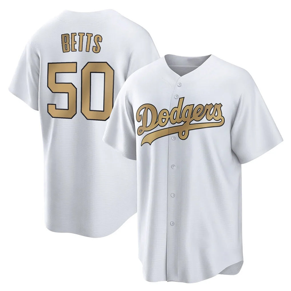 Los Angeles Dodgers #50 Mookie Betts Player White Gold HeidiMiller Collection Limited Home Stitched Jerseys