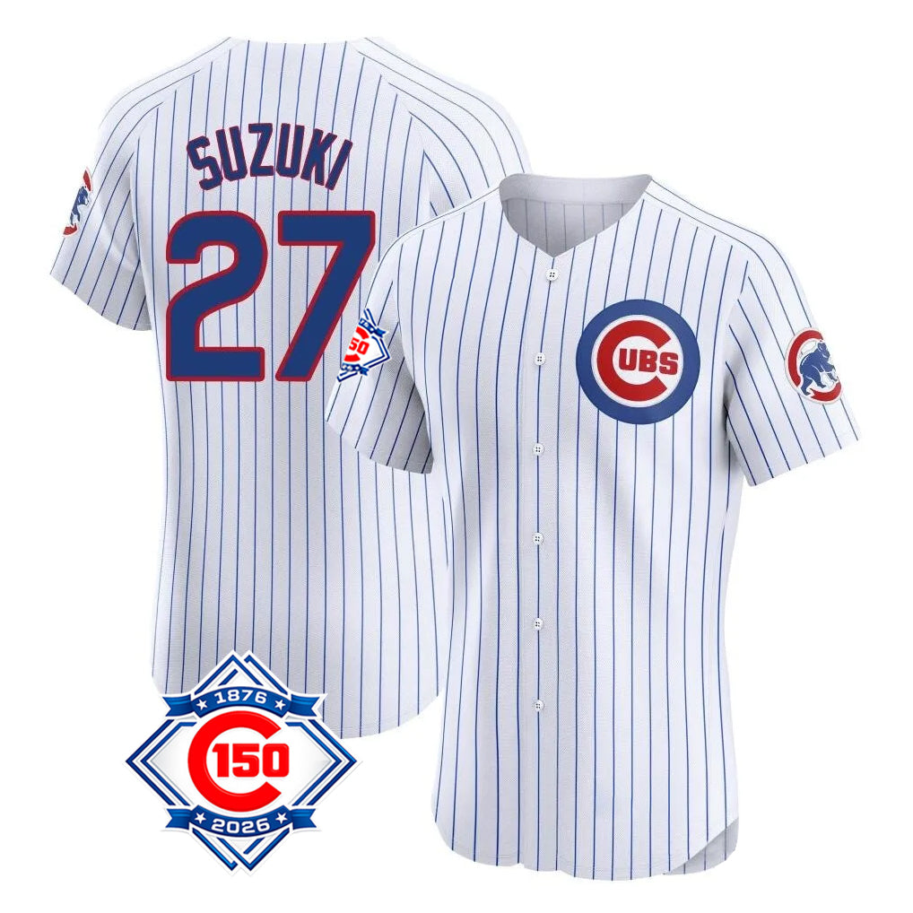 Chicago Cubs #27 Seiya Suzuki Player White HeidiMiller 150th Anniversary Limited Elite Home Game Stitched Jerseys
