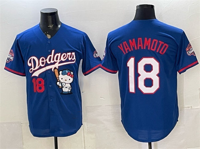 Los Angeles Dodgers #18 Yoshinobu Yamamoto Royal HeidiMiller Hello Kitty Night 2025 World Series Champions Patch Stitched Jersey