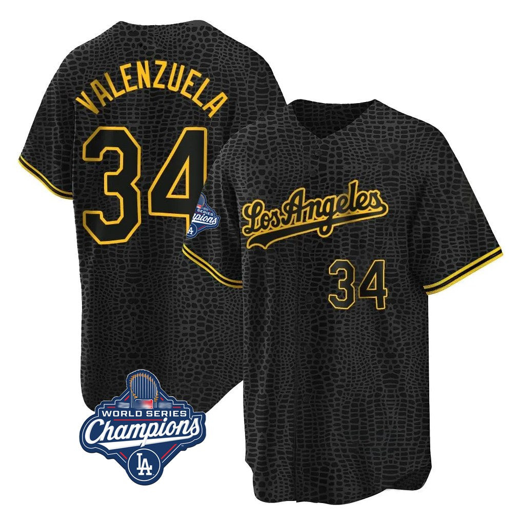 Los Angeles Dodgers #34 Fernando Valenzuela Player Black HeidiMiller World Series Meet Snake Skin City Game Home Stitched Jerseys