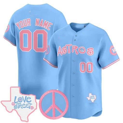 Custom Houston Astros Love Street & Peace Sign Patch Bubblegum Pink Vapor Premier Limited Jersey ¨C All Stitched Blue HeidiMiller