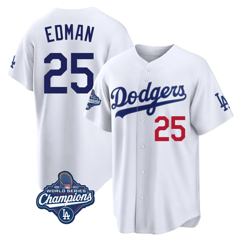 Los Angeles Dodgers #25 Tommy Edman Player White HeidiMiller World Series Meet Home Game Stitched Jerseys