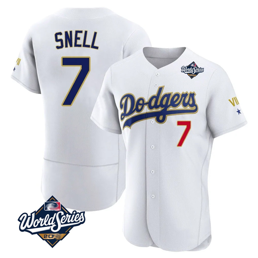 Los Angeles Dodgers #7 Blake Snell Player Gold White HeidiMiller 2026 Collection Stadium Limited Elite World Series Stitched Jerseys