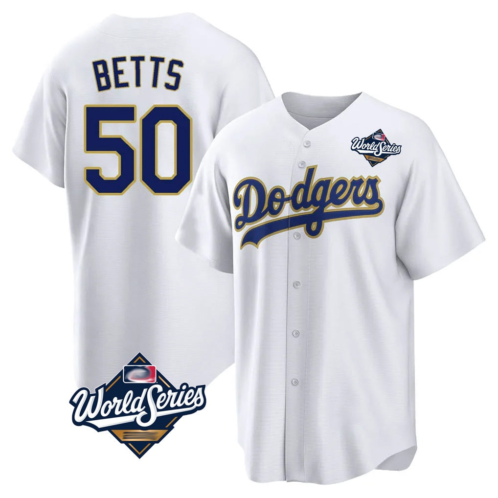 Los Angeles Dodgers #50 Mookie Betts Player Gold White HeidiMiller World Series 2026 Collection Stadium Game Stitched Jerseys