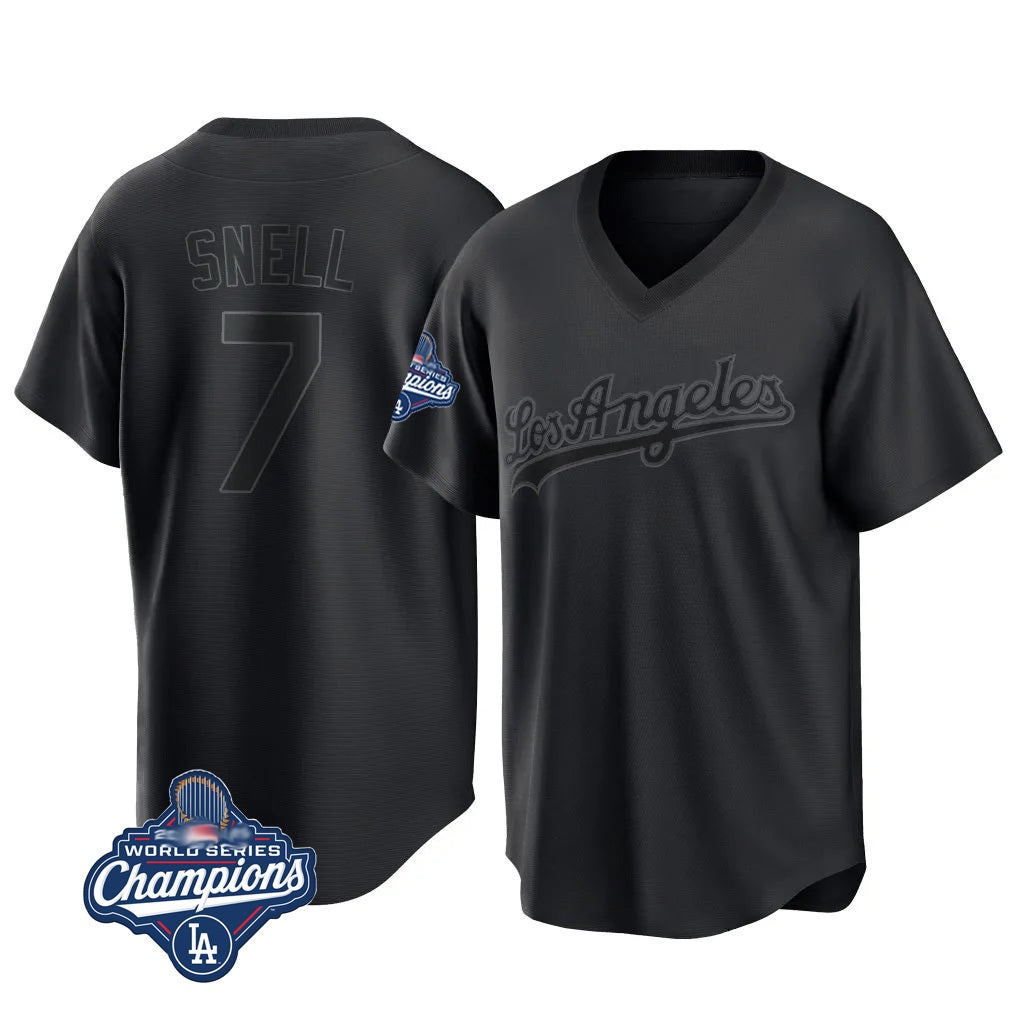 Los Angeles Dodgers #7 Blake Snell Player Black HeidiMiller Pitch Fashion World Series Meet T-shirt Stitched Jerseys