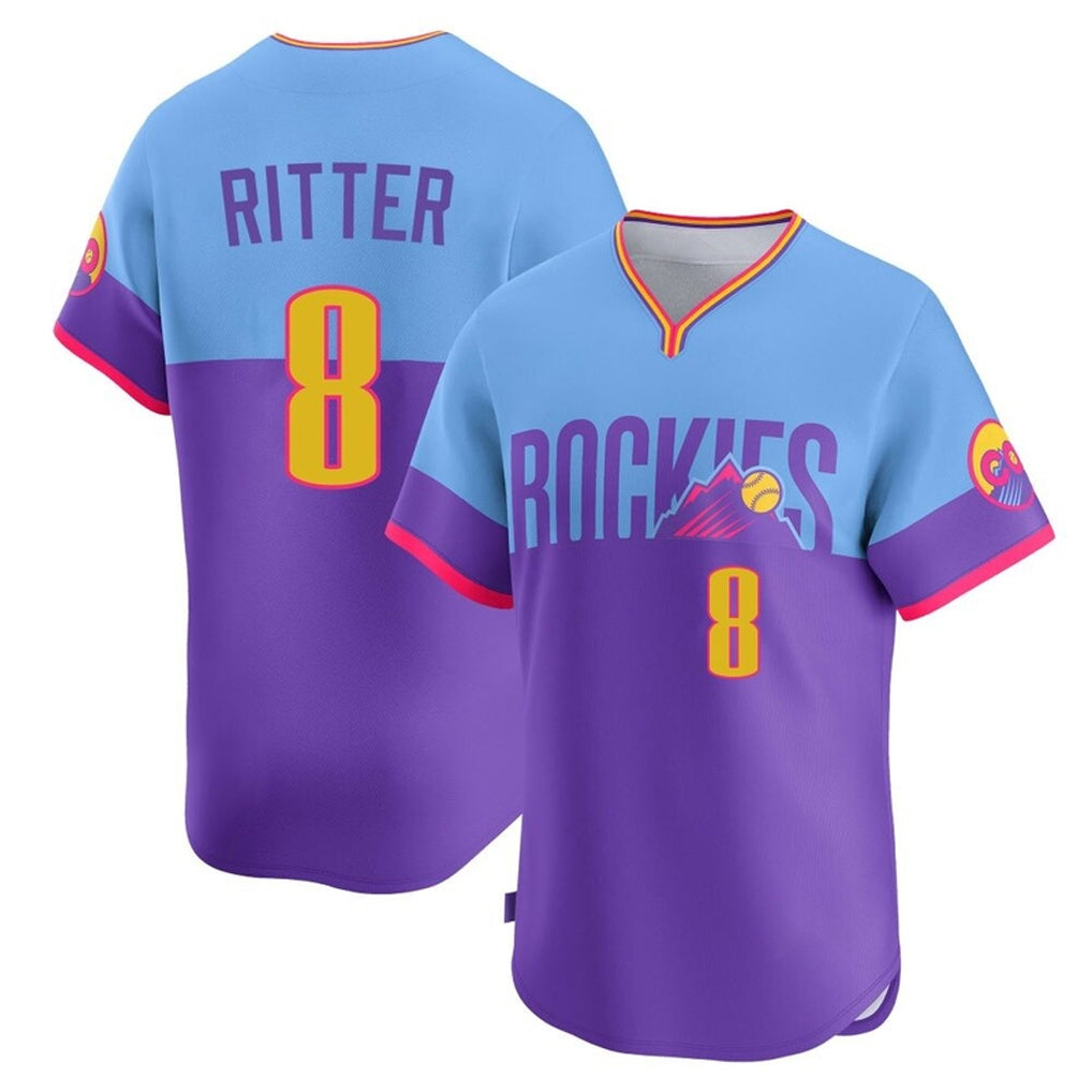 Colorado Rockies #8 Ryan Ritter Player Purple-Light Blue HeidiMiller City Connect Limited Home T-shirt Stitched Jerseys
