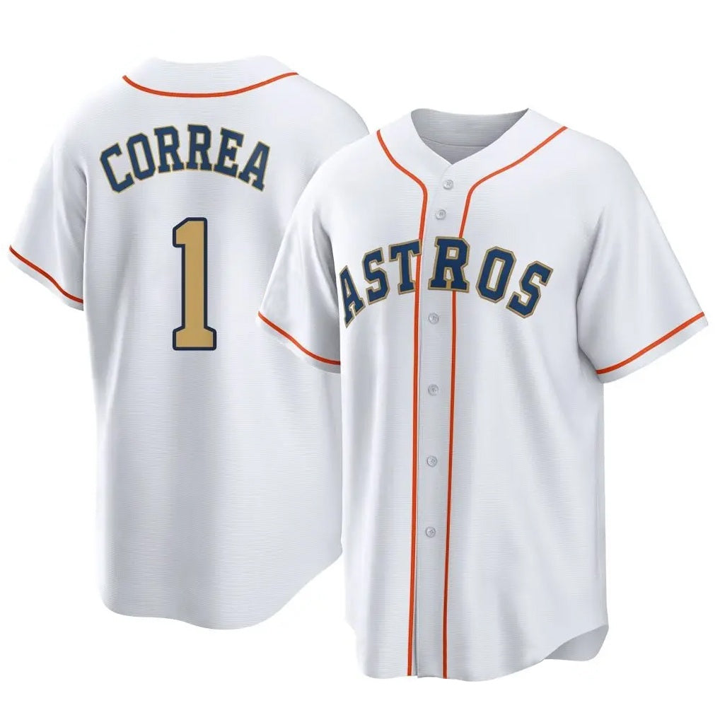 Houston Astros #1 Carlos Correa Player Gold HeidiMiller Collection Game Home Stitched Jerseys