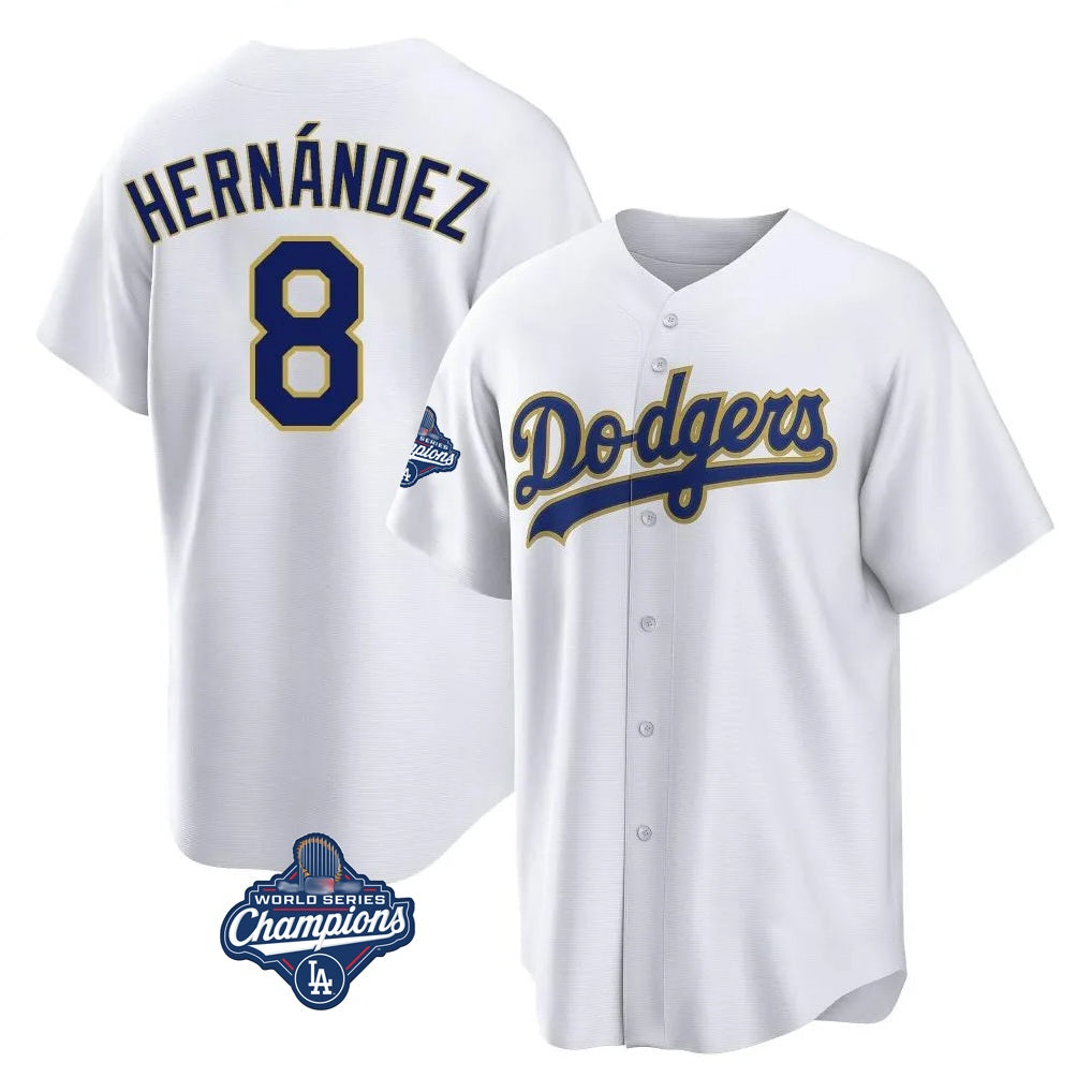 Los Angeles Dodgers #8 Enrique Hern¨¢ndez Player Gold White HeidiMiller World Series Meet 2026 Collection Stadium Game Stitched Jerseys
