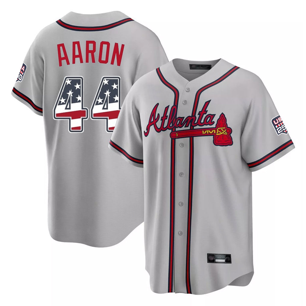 Atlanta Braves #44 Hank Aaron Player Gray HeidiMiller USA 250 Fourth Of July Limited Home Game Stitched Jerseys