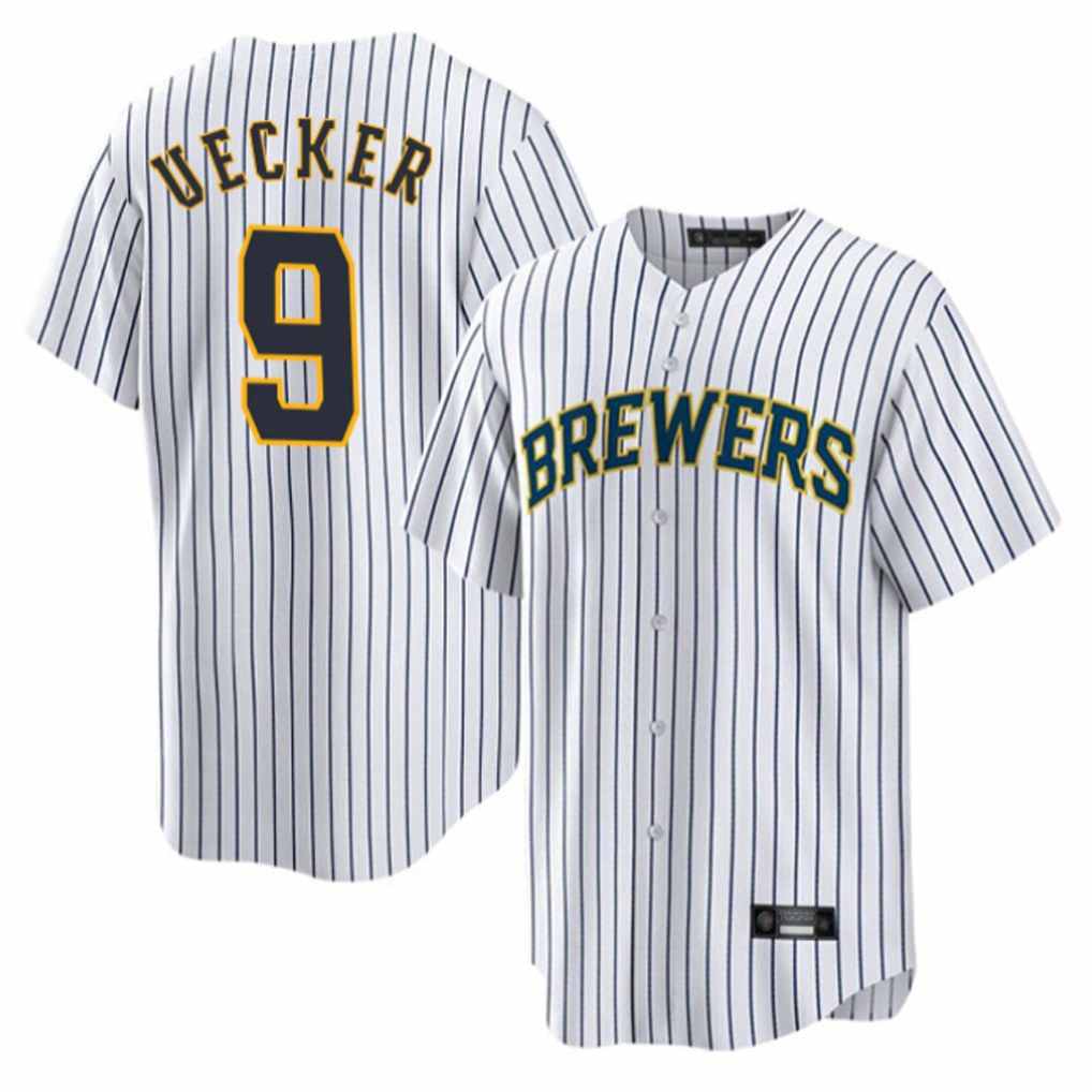 Milwaukee Brewers #9 Bob Uecker Player White HeidiMiller Stripes Home Game Stitched Jerseys
