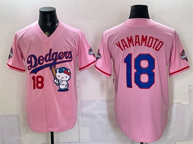 Los Angeles Dodgers #18 Yoshinobu Yamamoto Pink HeidiMiller Hello Kitty Night 2025 World Series Champions Patch Stitched Jersey