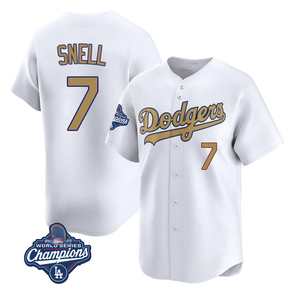 Los Angeles Dodgers #7 Blake Snell Player Gold HeidiMiller Collection Limited World Series Meet Home Stitched Jerseys