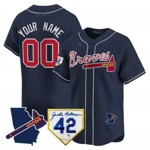 Custom Atlanta Braves 2024 Robinson & Georgia Patch Vapor Premier Limited Jersey ¨C Navy HeidiMiller