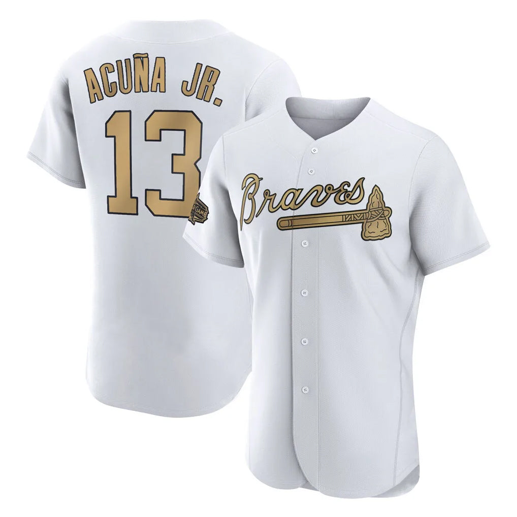 Atlanta Braves #13 Ronald Acuna Jr Player White-Gold HeidiMiller All-Star Limtied Elite Home Game Stitched Jerseys