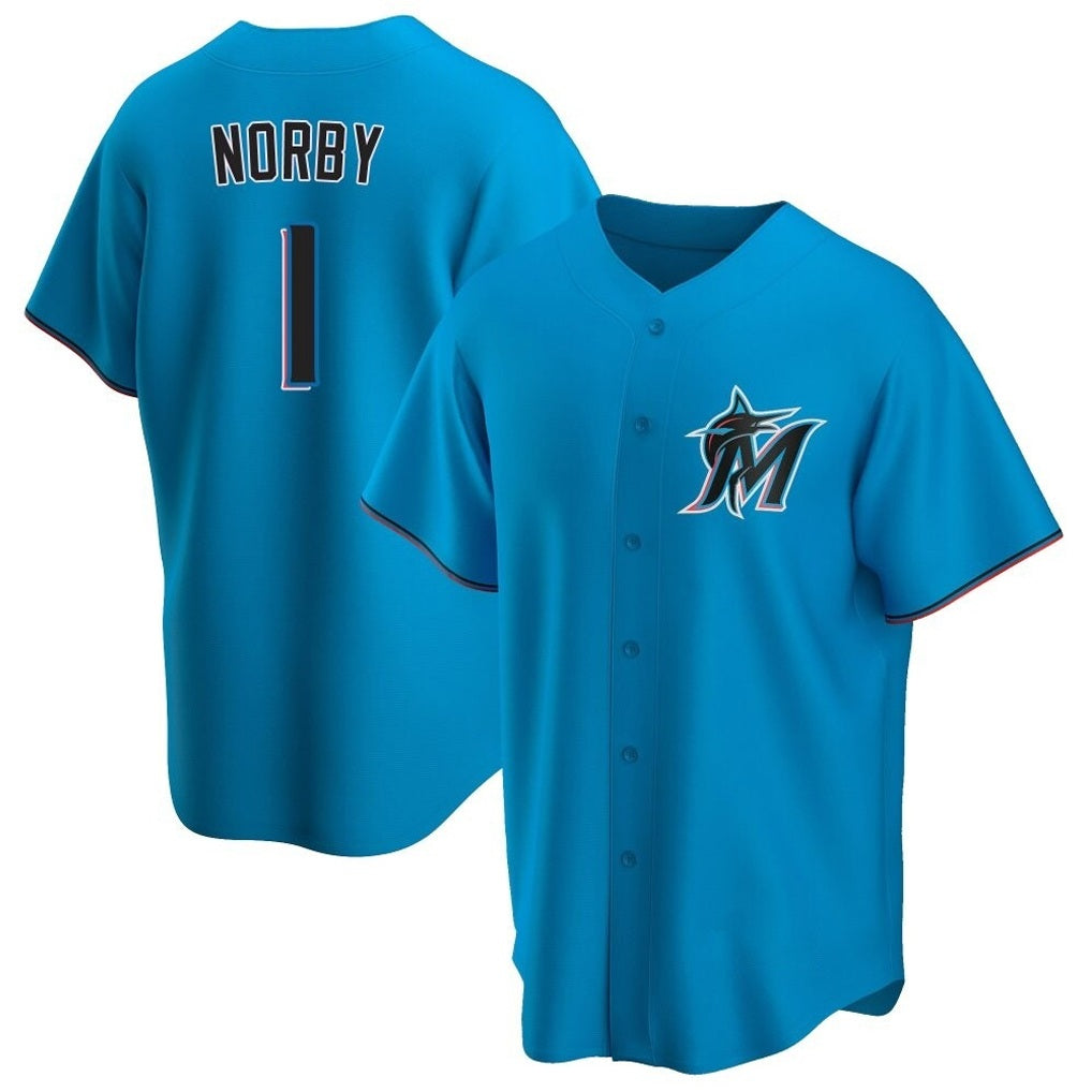Miami Marlins #1 Connor Norby Player Blue HeidiMiller Home Game Stitched Jerseys
