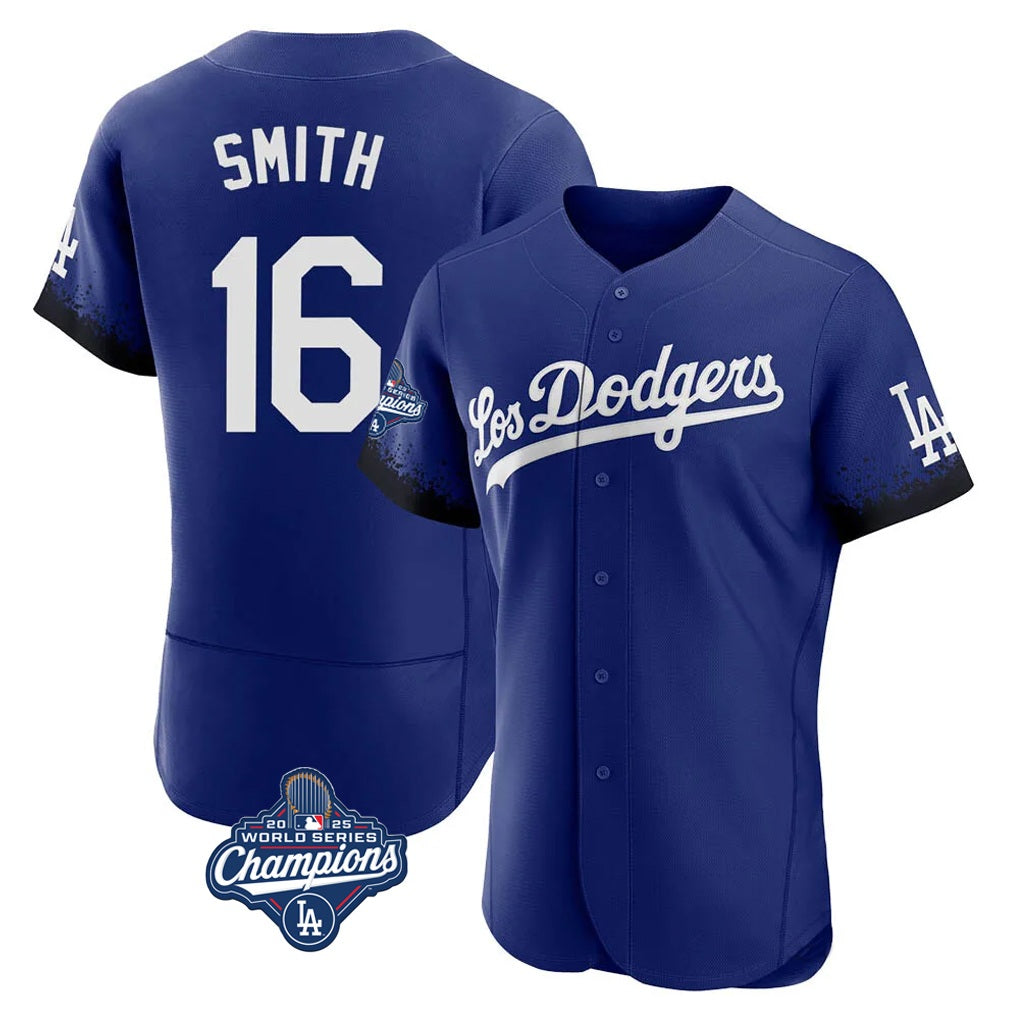 Los Angeles Dodgers #16 Will Smith Player Royal HeidiMiller World Series Meet City Connect Elite Home Stitched Jerseys