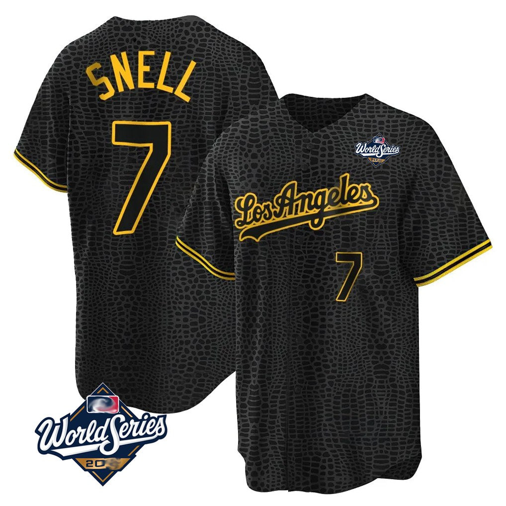 Los Angeles Dodgers #7 Blake Snell Player Black HeidiMiller Snake Skin City Game Home World Series Stitched Jerseys