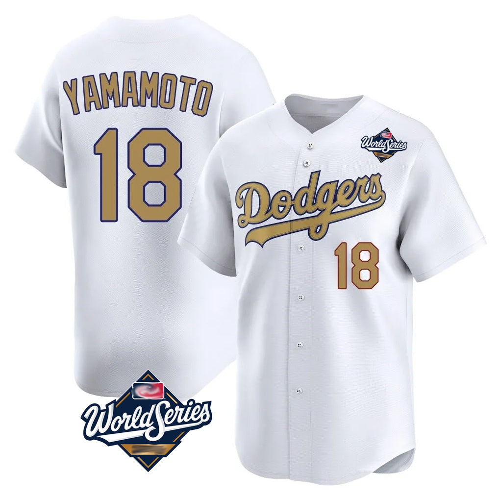 Los Angeles Dodgers #18 Yoshinobu Yamamoto Player White Gold HeidiMiller World Series Collection Limited Home Stitched Jerseys