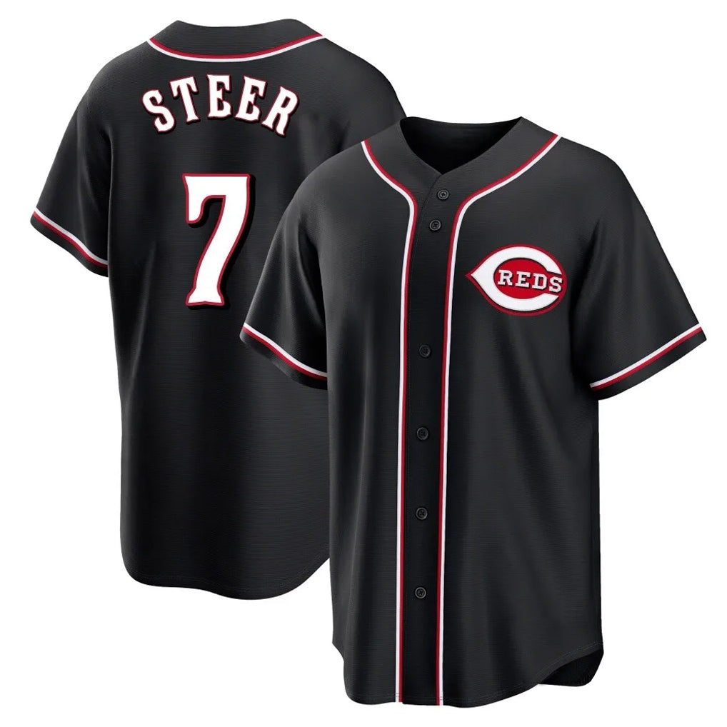 Cincinnati Reds #7 Spencer Steer Player Black HeidiMiller Fashion Out Home Game Stitched Jerseys