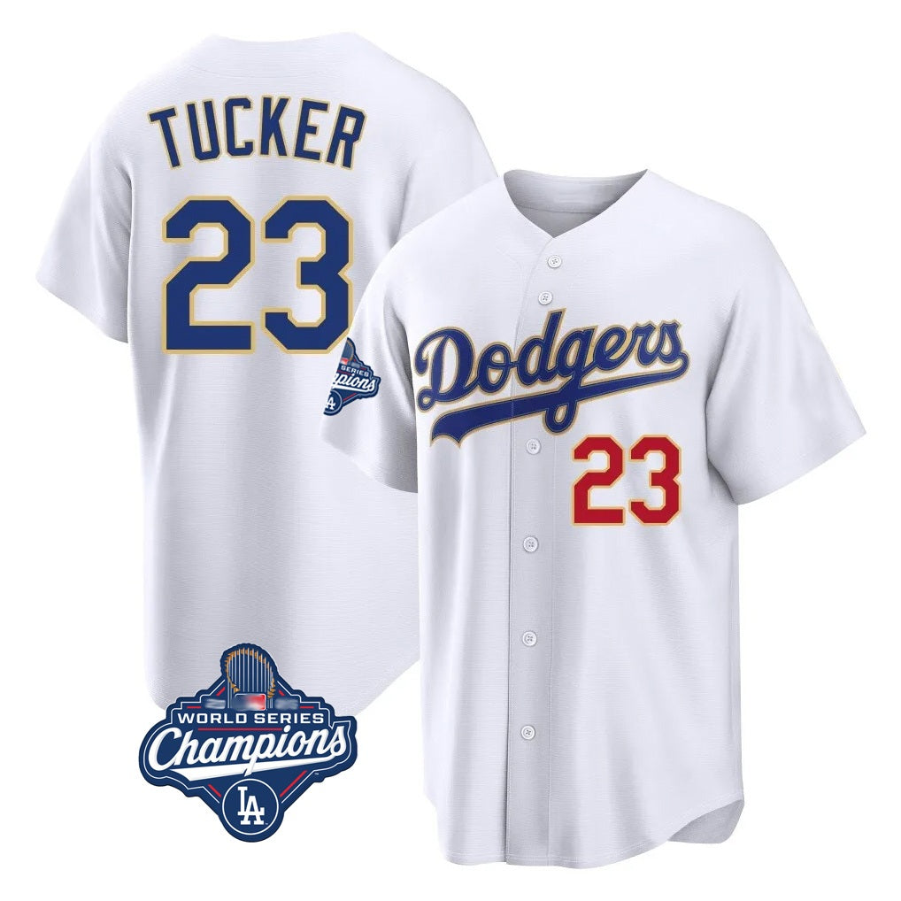 Los Angeles Dodgers #23 Kyle Tucker Player Gold White HeidiMiller World Series Meet 2026 Collection Stadium Limited Stitched Jerseys